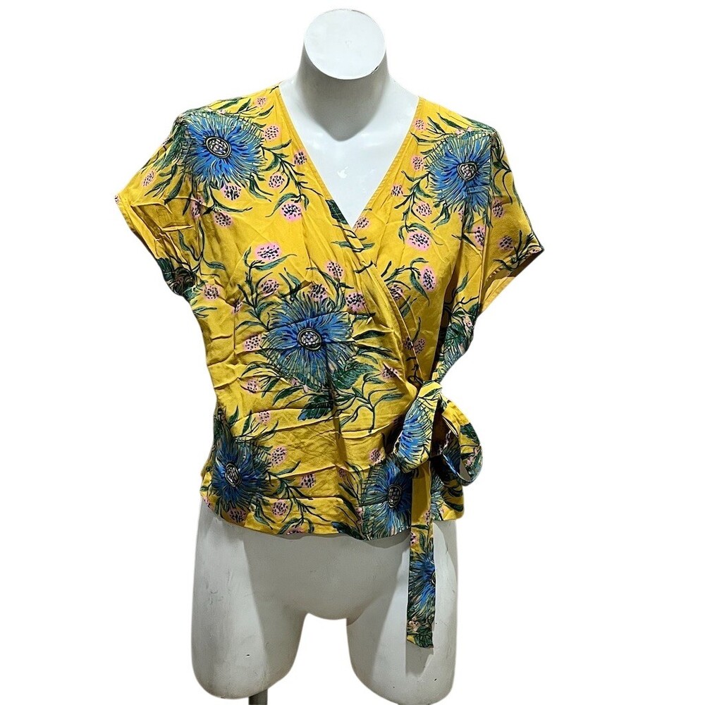 Madewell Wrap Blouse Womens Size M Mustard Yellow Floral V-Neck Short